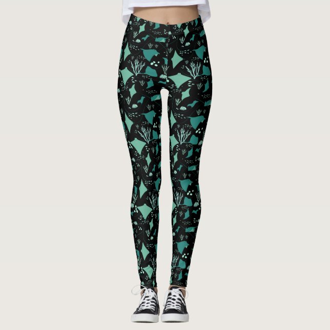 Blue Black Stingray Manta Ray Ocean Themed Leggings (Vorderseite)