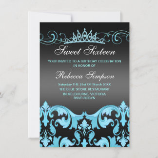 Blue/Black Sweet16 Damask & Tiara Birthday Invite Einladung