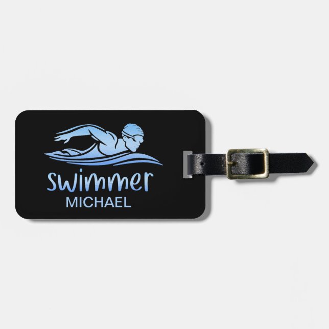 Blue Black Swimmer Schwimmbad Wasser Custom Lug Gepäckanhänger (Vorderseite horizontal)