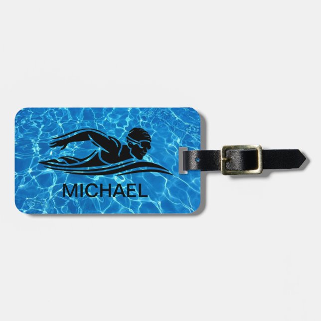 Blue Black Swimmer Schwimmbad Wassermassgeschneide Gepäckanhänger (Vorderseite horizontal)
