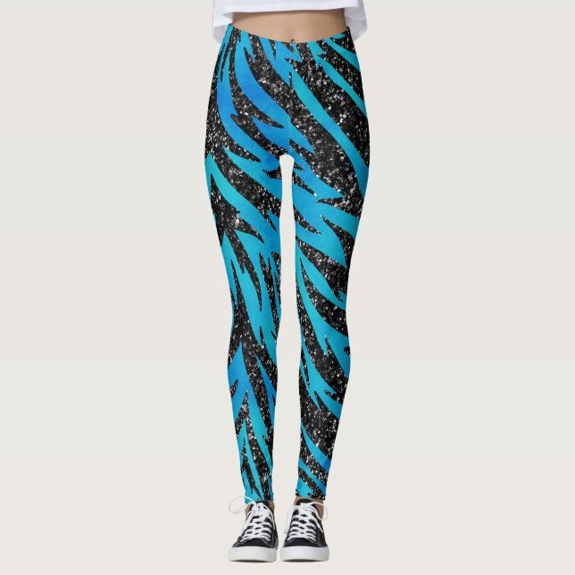 Blue & Black Tiger Strip Tierdruck Leggings (Vorderseite)