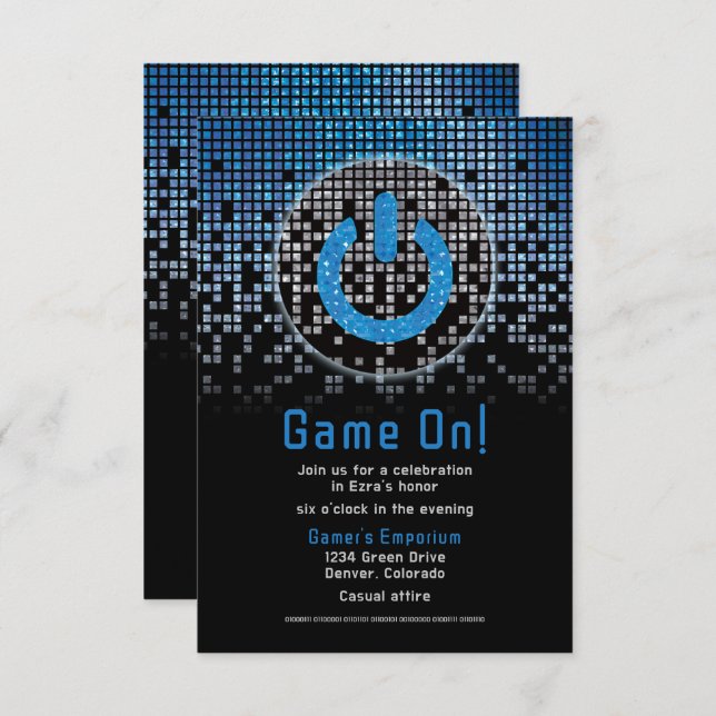 Blue Black Video Game Gamer Bar Mitzvah Begleitkarte (Vorne/Hinten)
