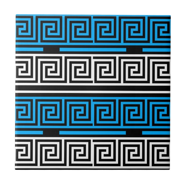 Blue Black White Greek Key Fret Pattern Design  Fliese (Vorderseite)