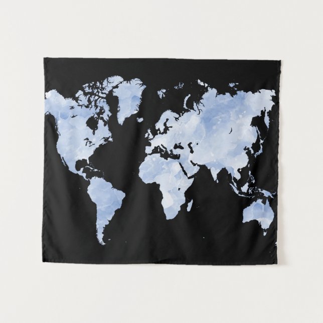 Blue Black World Map Design 75 Wandteppich (Vorderseite (Horizontal))