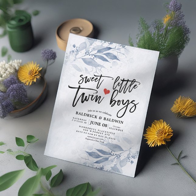 Blue Blätter Baby Dusche Sweet Little Twin Boys Einladung (Von Creator hochgeladen)