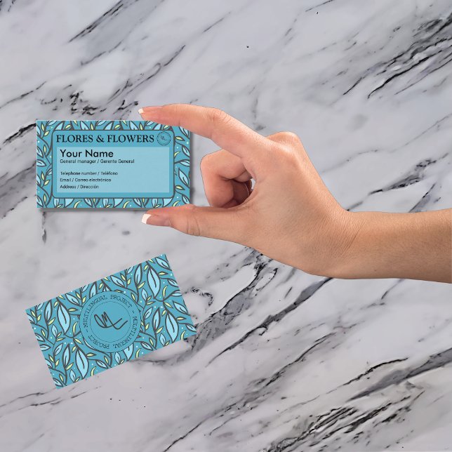 Blue Blätter Bilingual Visitenkarte (Turquoise Bilingual business card, personalized text, Spanish tarjeta comercial multilingual project)