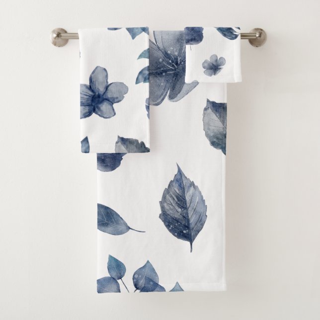 Blue Blätter Florals Watercolor Badhandtuch Set (Insitu)