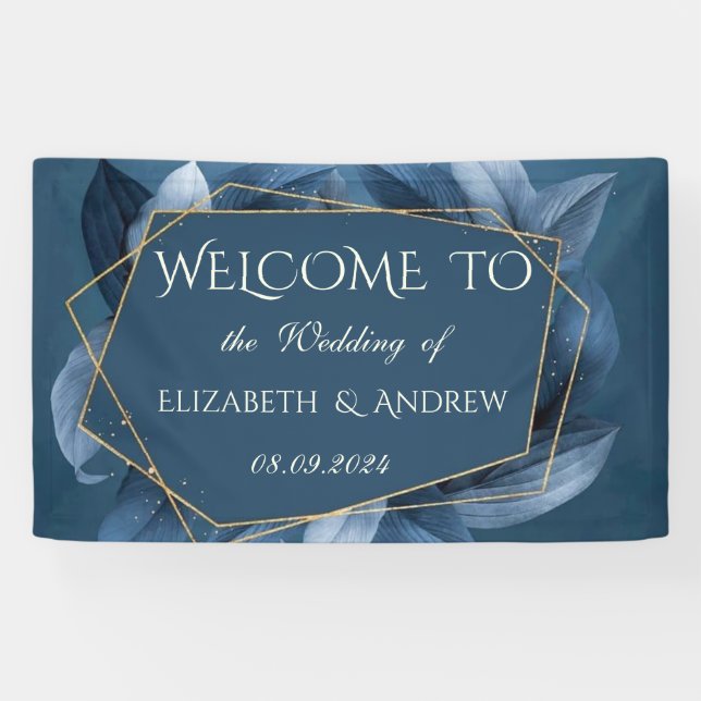 Blue Blätter Gold Frame Wedding Banner (Horizontal)