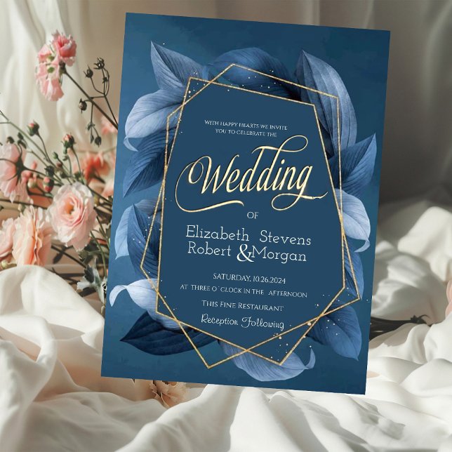 Blue Blätter Gold Frame Wedding Einladung (Von Creator hochgeladen)