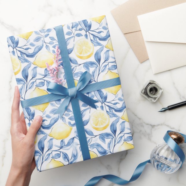 Blue Blätter Lemons Sizilily Italienisch Geburtsta Geschenkpapier (Schenken)