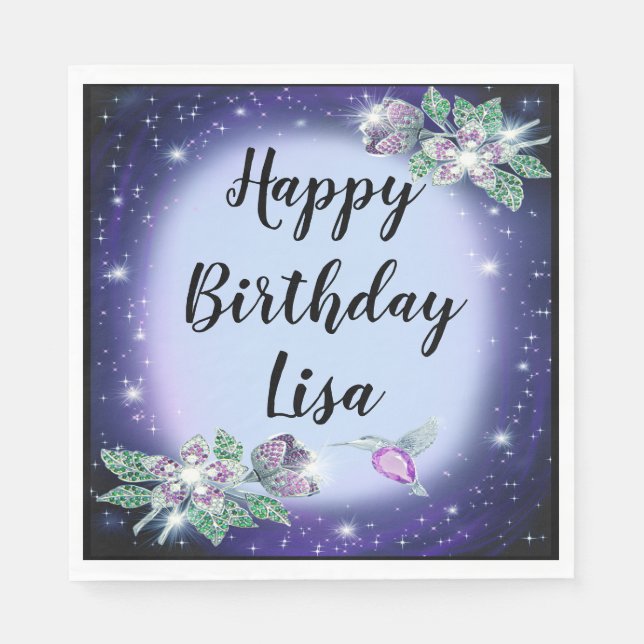 Blue Bling Floral Bird Geburtstag Serviette (Vorderseite)