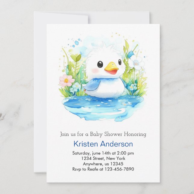 Blue Blissful Watercolor Duck Boy Baby Dusche Einladung (Vorderseite)