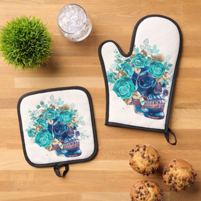 Blue Bloom Requiem Ofenhandschuh & Topflappen-Set (Oben Unten)
