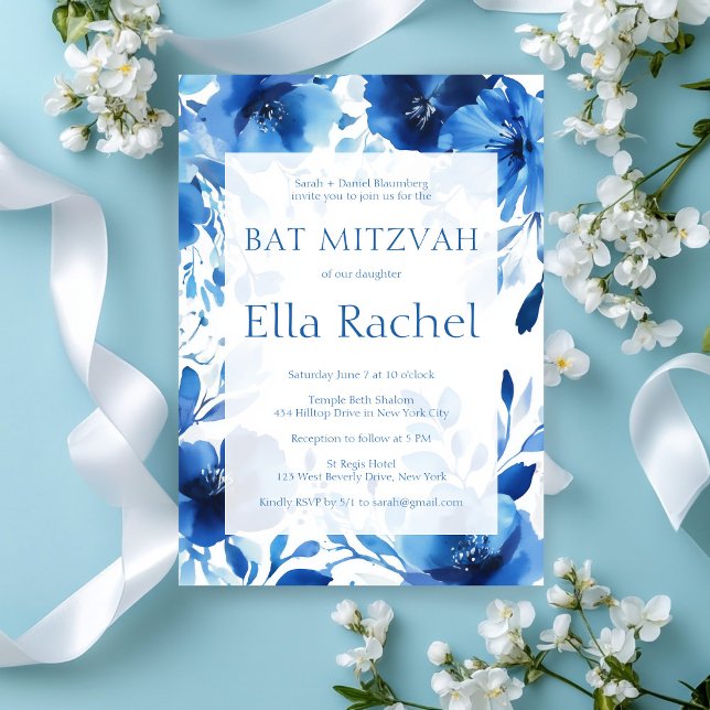 Blue Blooms Watercolor BAT MITZVAH CUSTOM Einladung (Blue Blooms Watercolor BAT MITZVAH CUSTOM Invitation
)