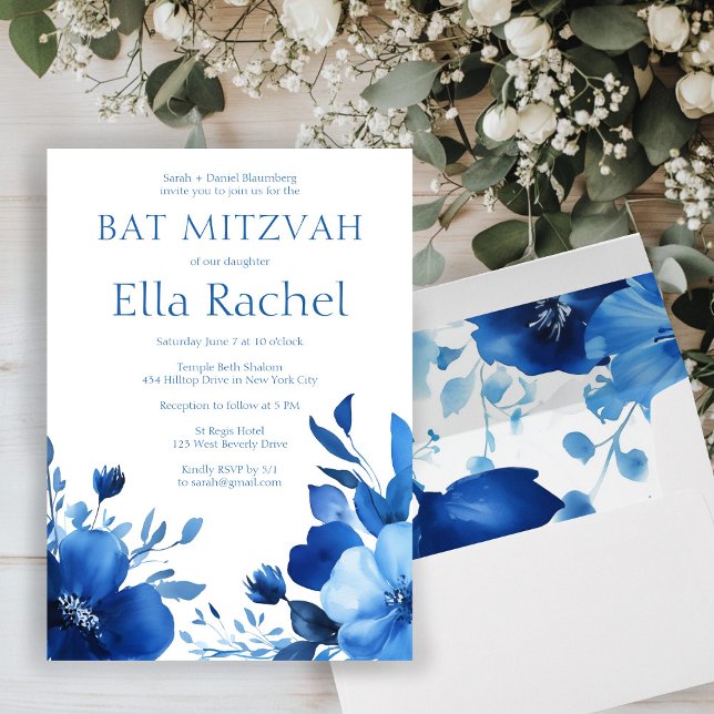 Blue Blooms Watercolor BAT MITZVAH CUSTOM Einladung (Blue Blooms Watercolor BAT MITZVAH CUSTOM Invitation
)