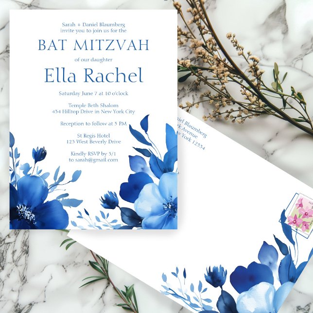 Blue Blooms Watercolor BAT MITZVAH CUSTOM Postkarte (Blue Blooms Watercolor BAT MITZVAH CUSTOM Postcard
)