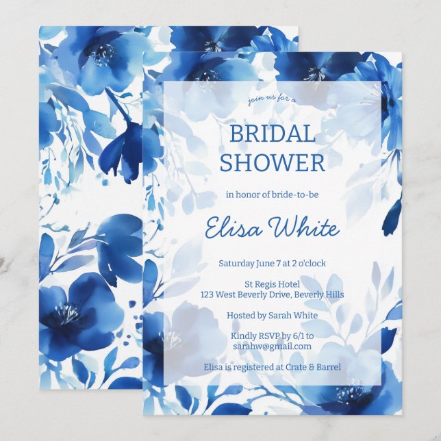 Blue Blooms Watercolor Brautparty CUSTOM Einladung (Vorne/Hinten)