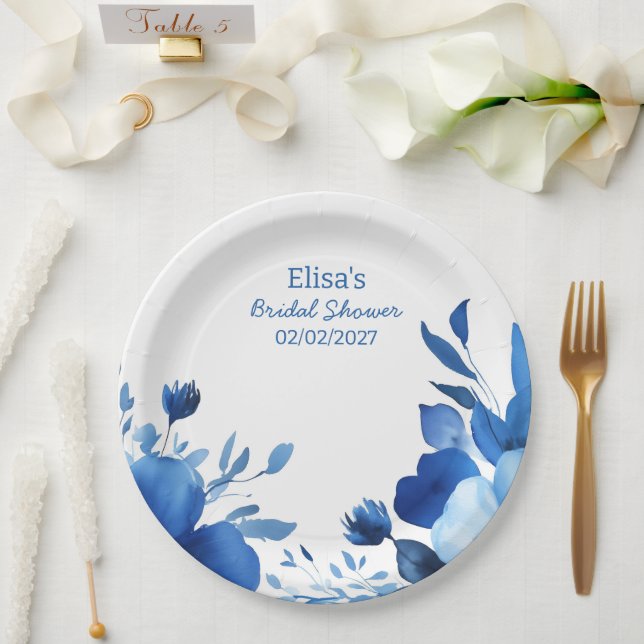 Blue Blooms Watercolor Custom Brautparty Pappteller (Hochzeit)