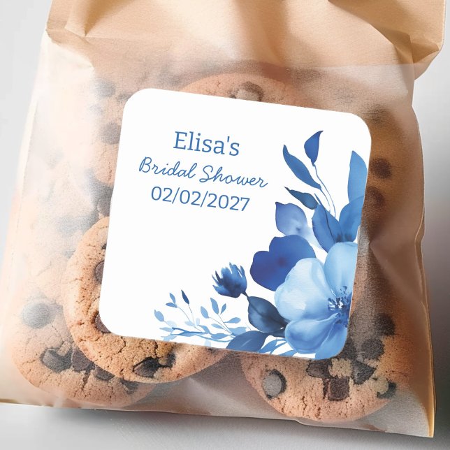 Blue Blooms Watercolor Custom Brautparty Quadratischer Aufkleber (Blue Blooms Watercolor Custom Bridal Shower Square Sticker
)