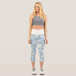 Blue Blossom Breeze Daisy Capri Leggings