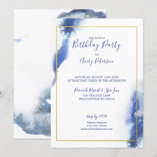 Blue Blue Ombre Gold Frame Unisex Geburtstag Einladung