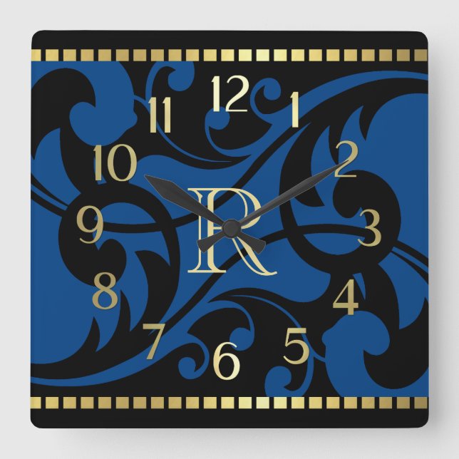 Blue Blüh Design Gold Border mit Monogram Quadratische Wanduhr (Vorderseite)