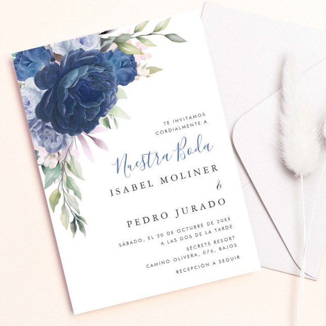 Blue Blume Bouquet Nuestra Boda Spanish Wedding Einladung (Von Creator hochgeladen)