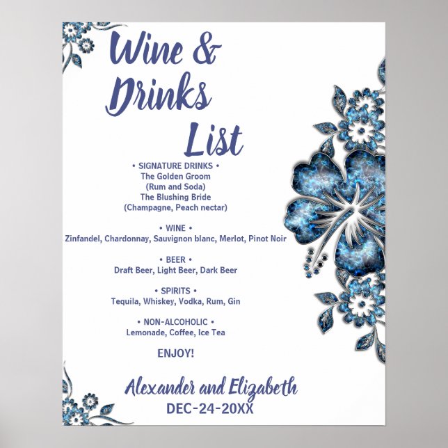 Blue Blume Drinks Liste Bridal Wedding Poster (Vorne)