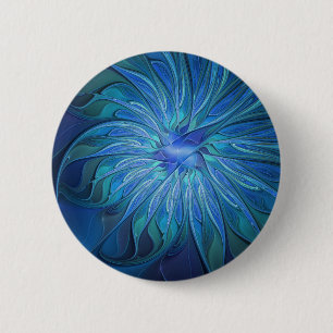 Blue Blume Fantasy Pattern, Abstraktes Fraktal Art Button