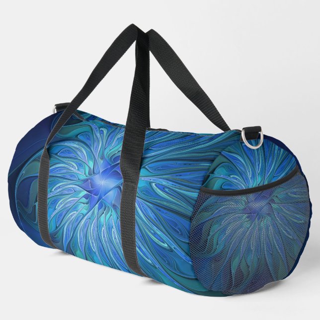 Blue Blume Fantasy Pattern, Abstraktes Fraktal Art Duffle Bag (Rechte Ecke)