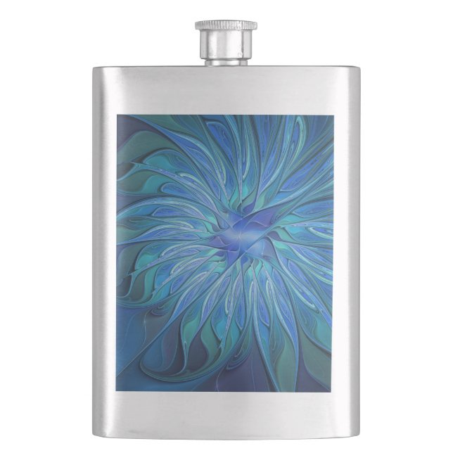 Blue Blume Fantasy Pattern, Abstraktes Fraktal Art Flachmann (Vorderseite)