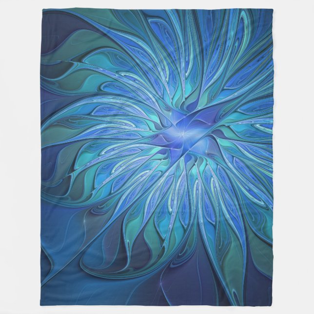 Blue Blume Fantasy Pattern, Abstraktes Fraktal Art Fleecedecke (Vorderseite)