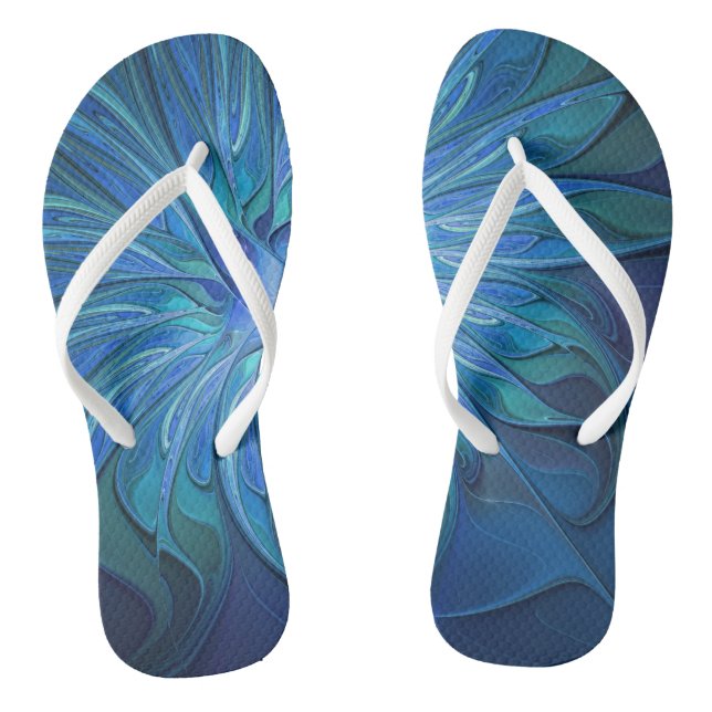 Blue Blume Fantasy Pattern, Abstraktes Fraktal Art Flip Flops (Fußbett)