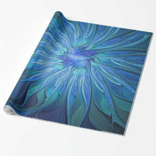 Blue Blume Fantasy Pattern, Abstraktes Fraktal Art Geschenkpapier