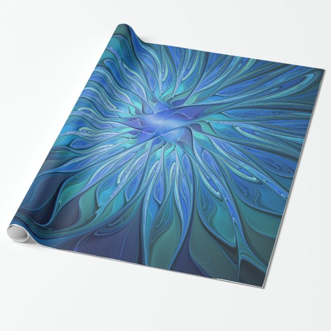 Blue Blume Fantasy Pattern, Abstraktes Fraktal Art Geschenkpapier (Ungerollt)