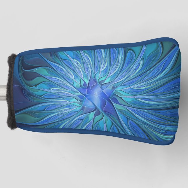 Blue Blume Fantasy Pattern, Abstraktes Fraktal Art Golf Headcover (Vorderseite)