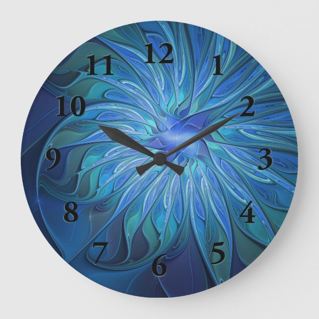 Blue Blume Fantasy Pattern, Abstraktes Fraktal Art Große Wanduhr (Vorderseite)