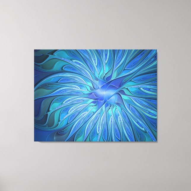 Blue Blume Fantasy Pattern, Abstraktes Fraktal Art Leinwanddruck (Vorderseite)