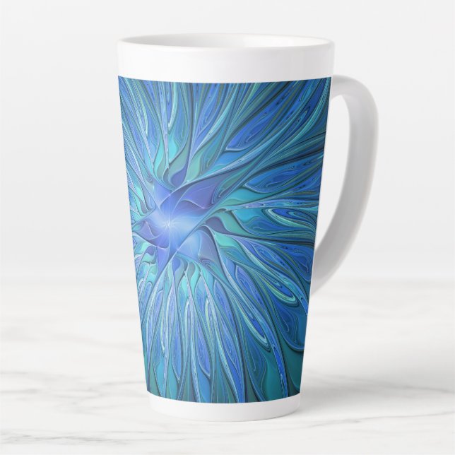 Blue Blume Fantasy Pattern, Abstraktes Fraktal Art Milchtasse (Rechte Ecke)