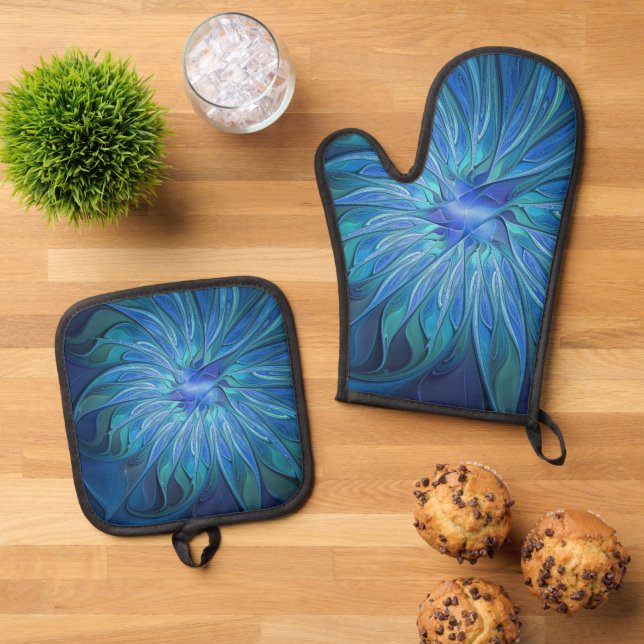 Blue Blume Fantasy Pattern, Abstraktes Fraktal Art Ofenhandschuh & Topflappen-Set (Oben Unten)