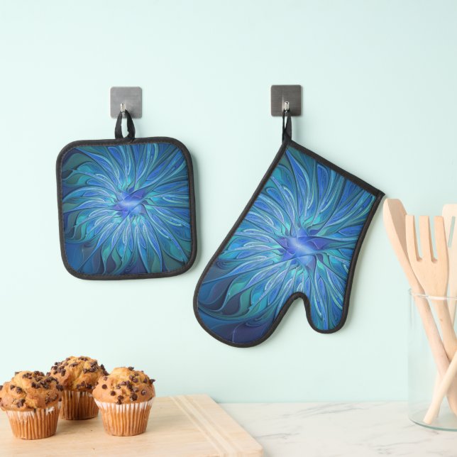 Blue Blume Fantasy Pattern, Abstraktes Fraktal Art Ofenhandschuh & Topflappen-Set (Insitu (Hängend))