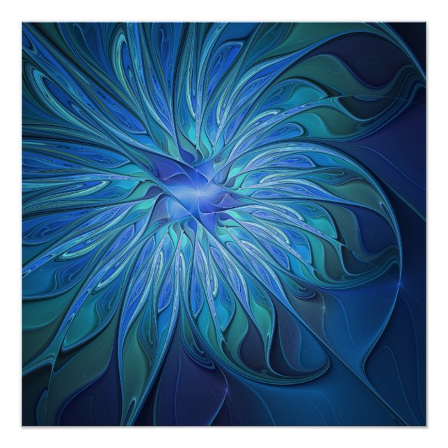 Blue Blume Fantasy Pattern, Abstraktes Fraktal Art Poster (Vorderseite)