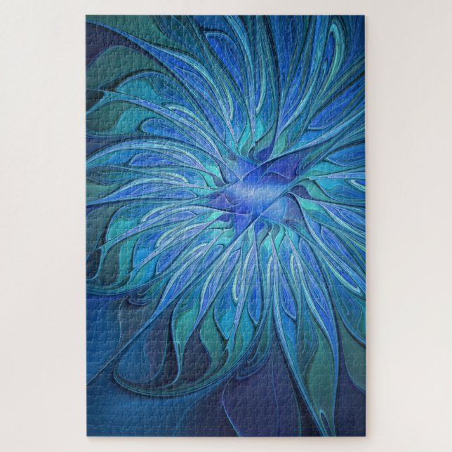 Blue Blume Fantasy Pattern, Abstraktes Fraktal Art Puzzle (Vertikal)