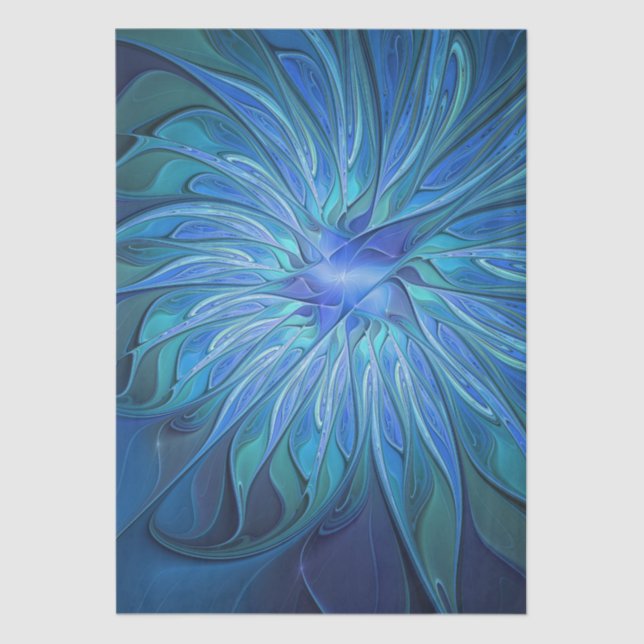 Blue Blume Fantasy Pattern, Abstraktes Fraktal Art Seidenpapier (Vorderseite)