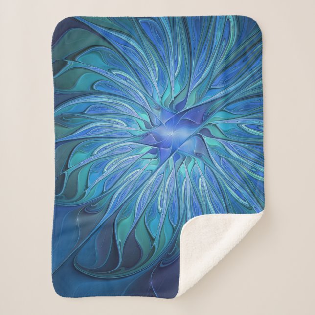 Blue Blume Fantasy Pattern, Abstraktes Fraktal Art Sherpadecke (Vorderseite)