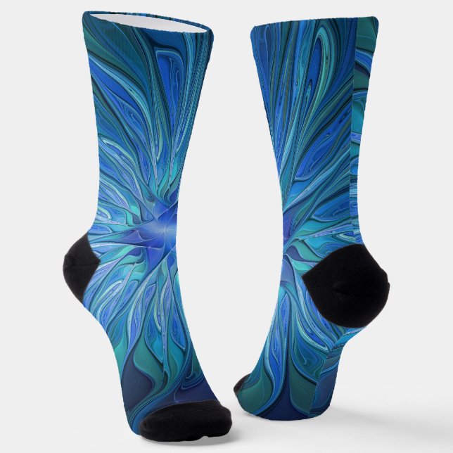 Blue Blume Fantasy Pattern, Abstraktes Fraktal Art Socken (Gewinkelt)