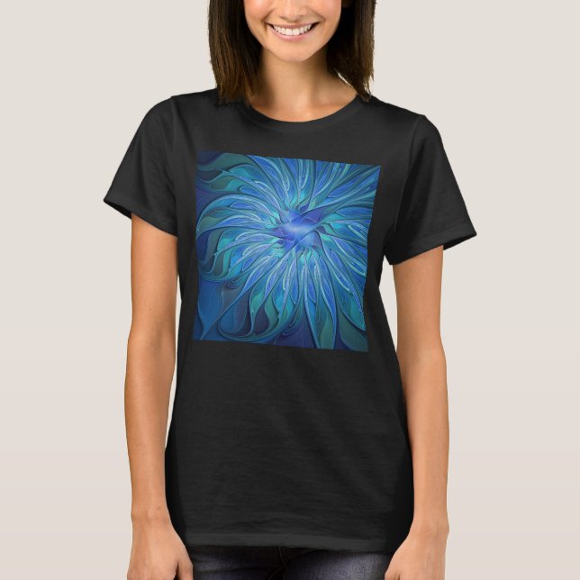 Blue Blume Fantasy Pattern, Abstraktes Fraktal Art T-Shirt (Vorderseite)
