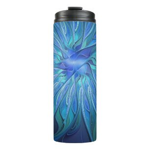 Blue Blume Fantasy Pattern, Abstraktes Fraktal Art Thermosbecher