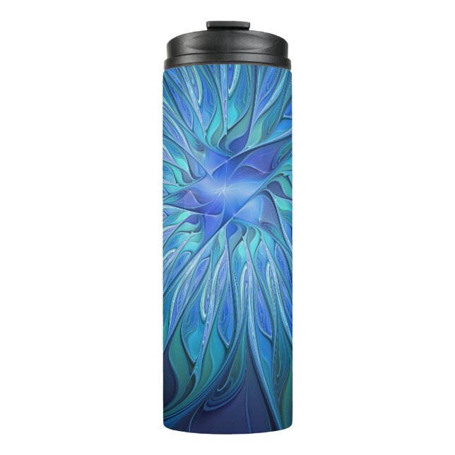 Blue Blume Fantasy Pattern, Abstraktes Fraktal Art Thermosbecher (Vorderseite)