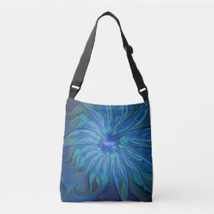 Blue Blume Fantasy Pattern, Abstraktes Fraktal Art Tragetaschen Mit Langen Trägern